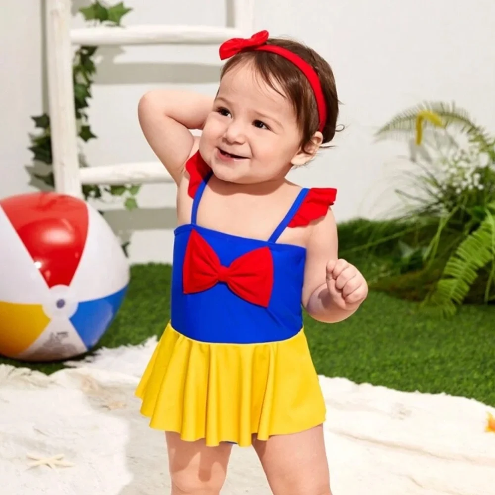 Disney Girls Snow Princess Swimdress One-piece Swim Dress Bowknot Bathing Suit